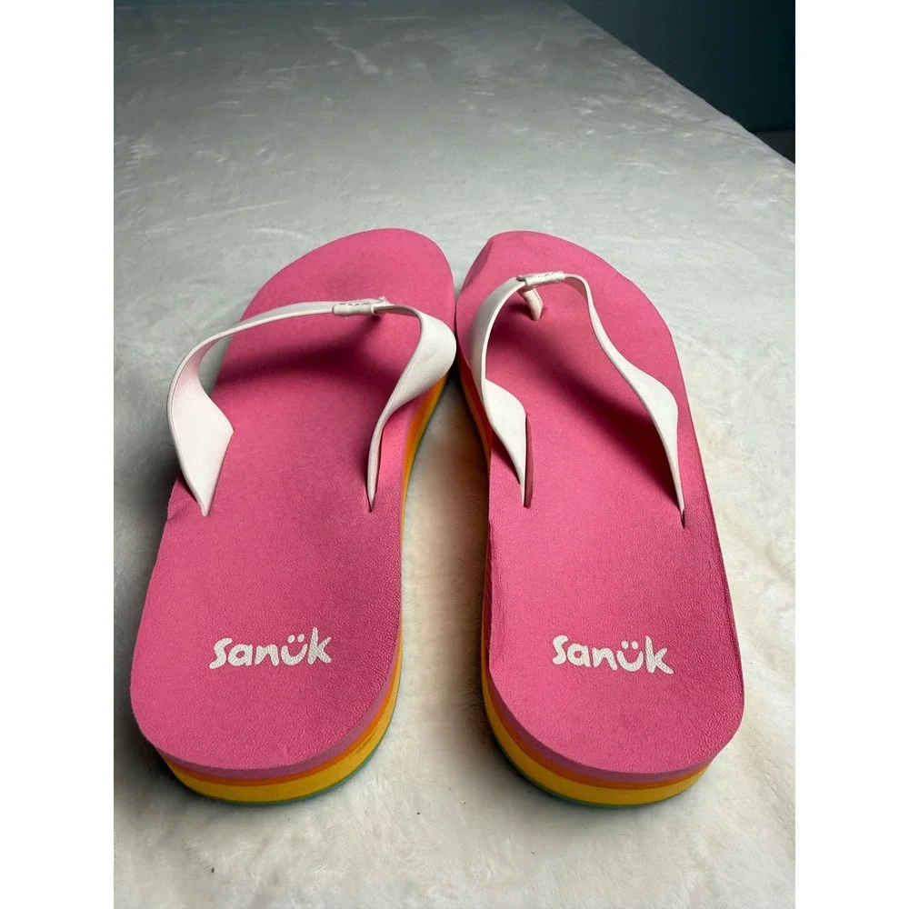 Sanuk Womens Pink White Rainbow Platform Wedge Flip Flop Sandals FB11 Size 7